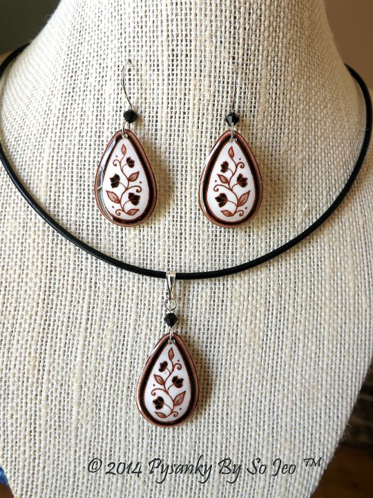 White Spring Vines Teardrop Earrings and Matching Necklace Pysanky Jewelry by So Jeo